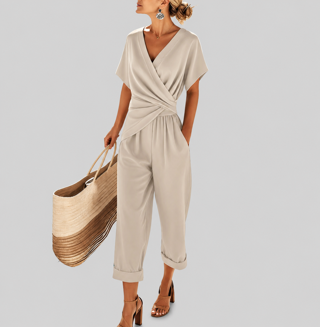 Elegant Two-Piece Set with Flattering Wrap-Front Top & Tailored Trousers 00