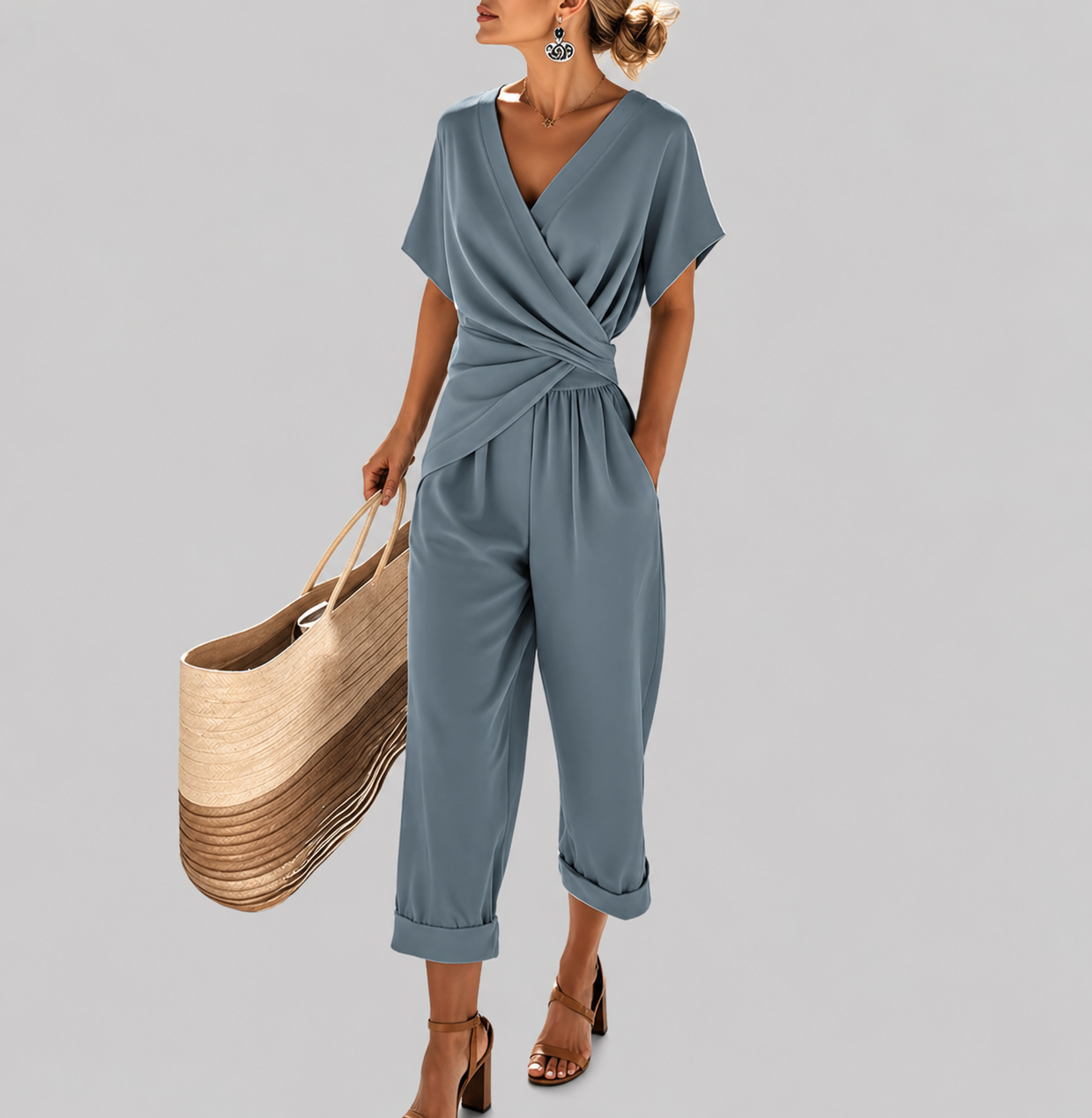 Elegant Two-Piece Set with Flattering Wrap-Front Top & Tailored Trousers 11