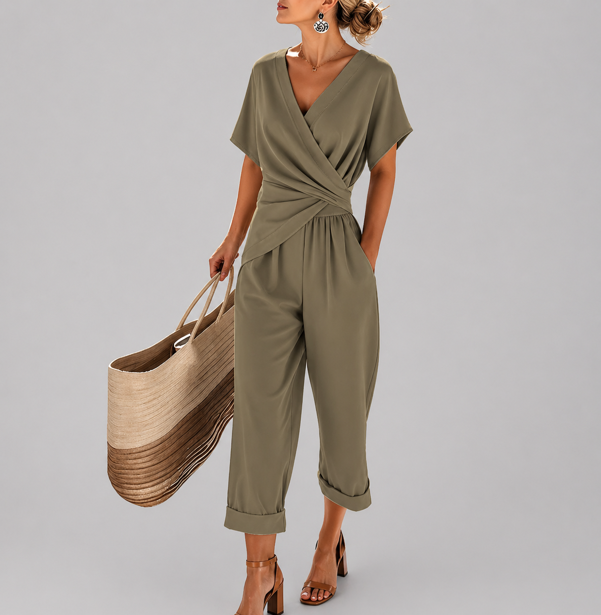 Elegant Two-Piece Set with Flattering Wrap-Front Top & Tailored Trousers 22