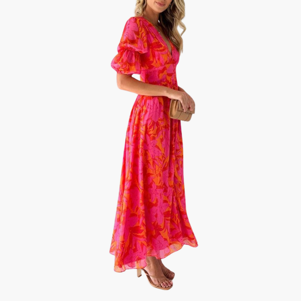 Elegant V-Neck Maxi Dress with Puff Sleeves for Women - Summer Formal Dresses 1