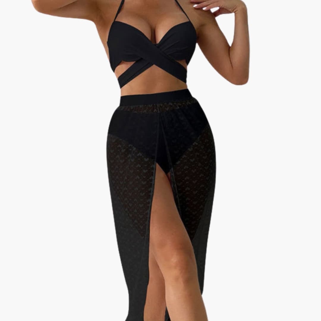 Elegant Women's Bikini Set - Three-Piece with Adjustable Top & Sheer Mesh Skirt 1