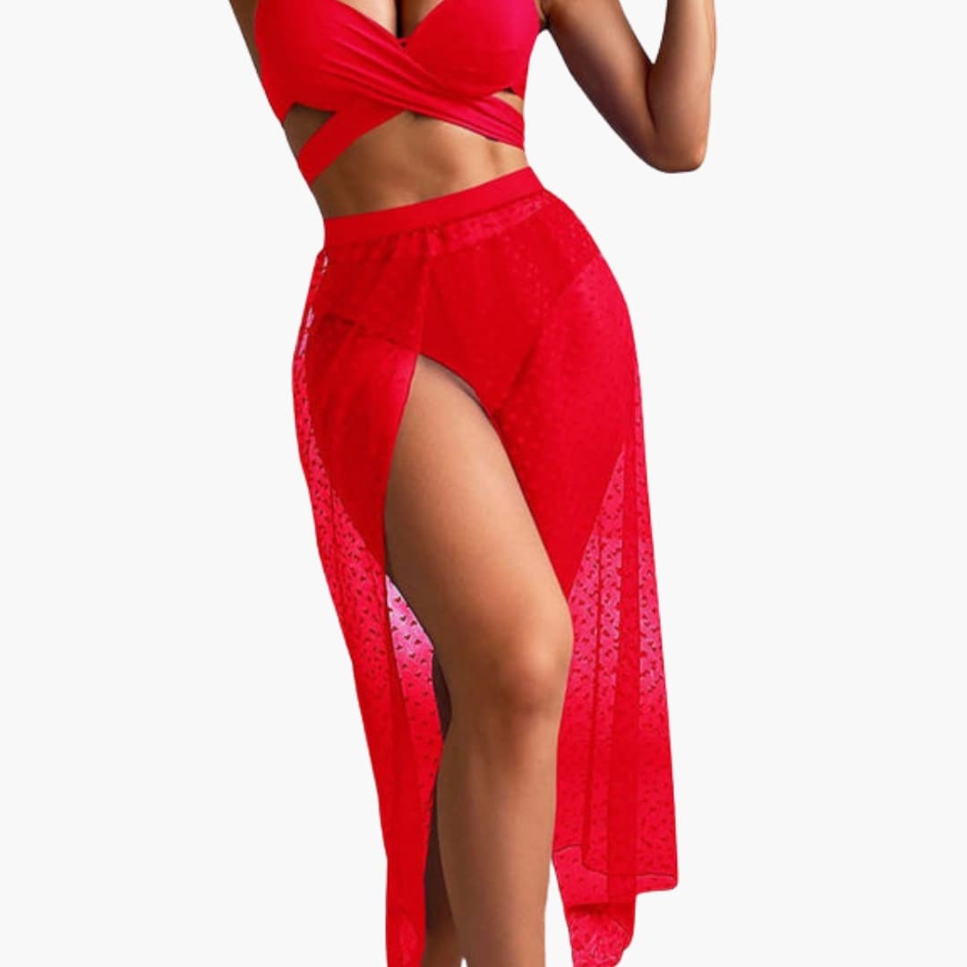 Elegant Women's Bikini Set - Three-Piece with Adjustable Top & Sheer Mesh Skirt 3