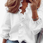 Elegant Women's Blouse - V-Neckline with Ruffle Detail & Long Sleeves 0