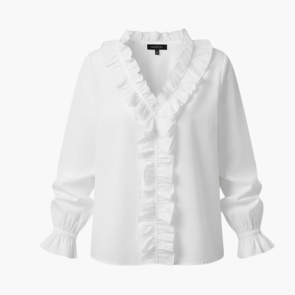Elegant Women's Blouse - V-Neckline with Ruffle Detail & Long Sleeves 1
