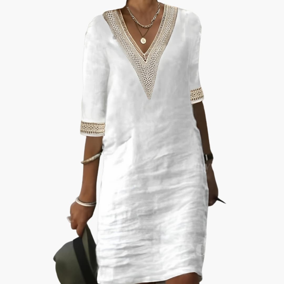 Elegant Women's Knee-Length Summer Dress with Round Neck & Short Sleeves 0