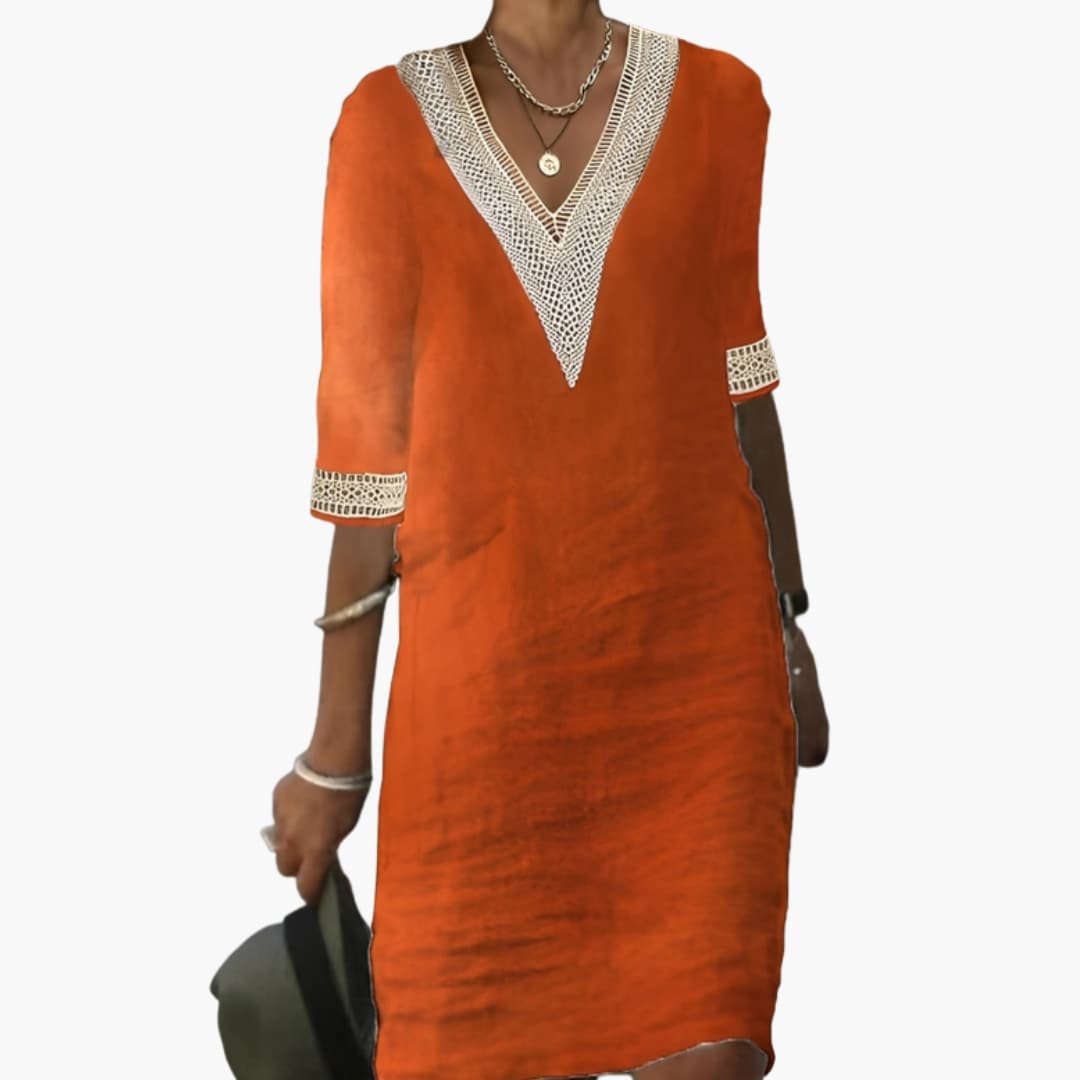 Elegant Women's Knee-Length Summer Dress with Round Neck & Short Sleeves 1