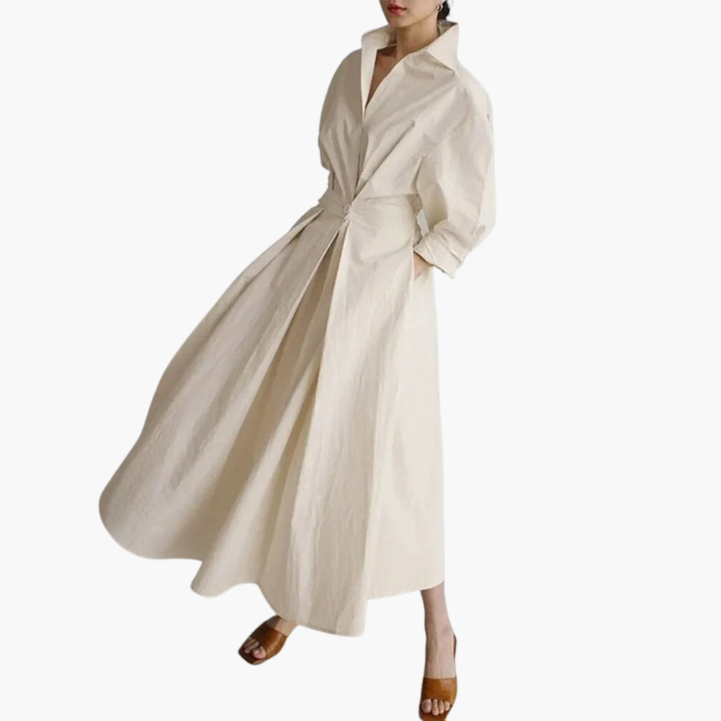 Elegant Women's Long Shirt Dress with Defined Waist and Button Closure 2