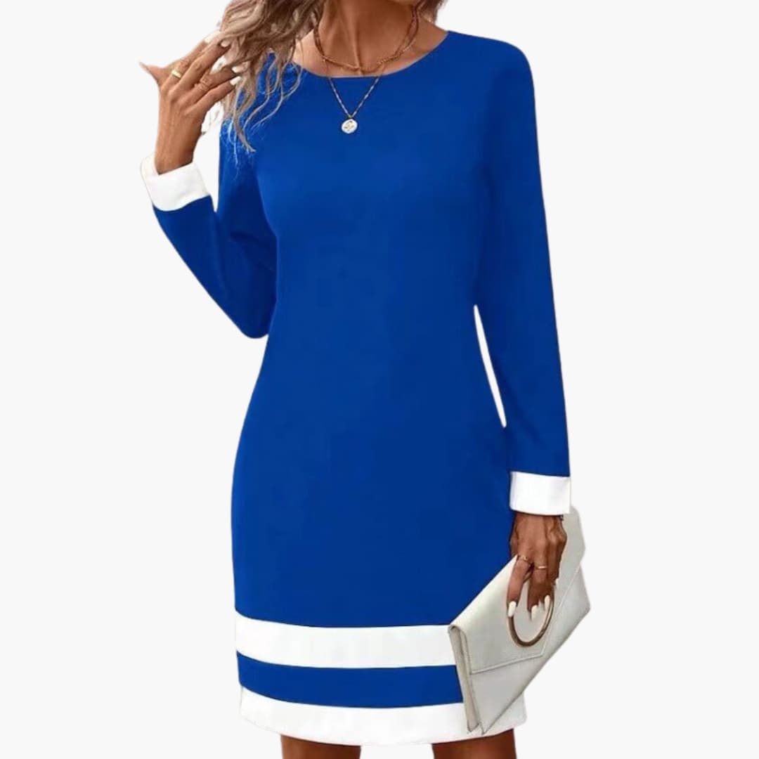 Elegant Women's Long Sleeve Dress with Round Neck & Contrast Cuffs 0