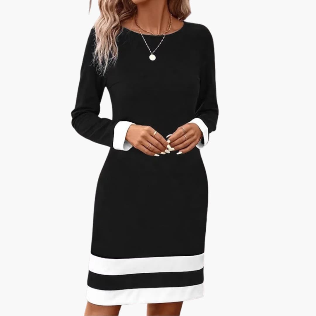 Elegant Women's Long Sleeve Dress with Round Neck & Contrast Cuffs 1