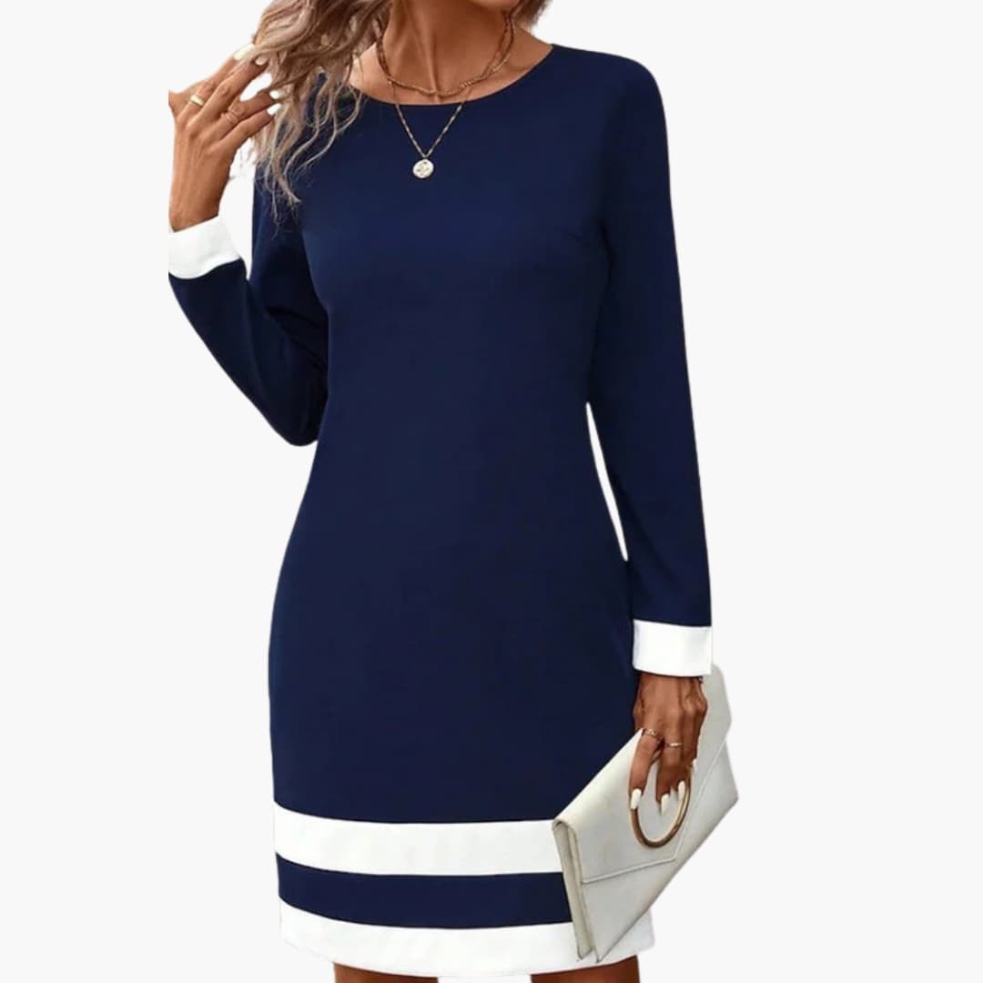 Elegant Women's Long Sleeve Dress with Round Neck & Contrast Cuffs 2