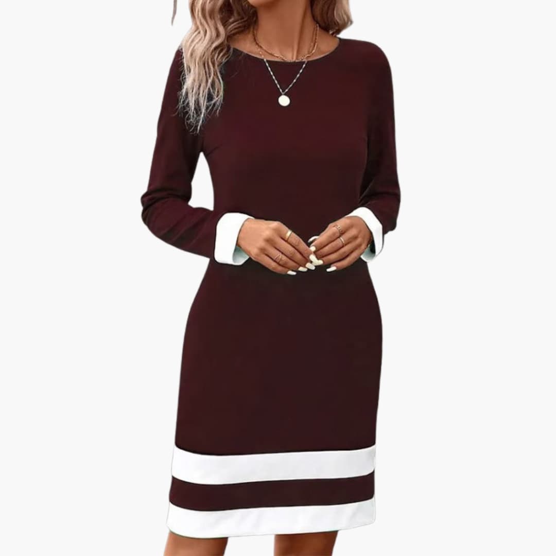 Elegant Women's Long Sleeve Dress with Round Neck & Contrast Cuffs 3