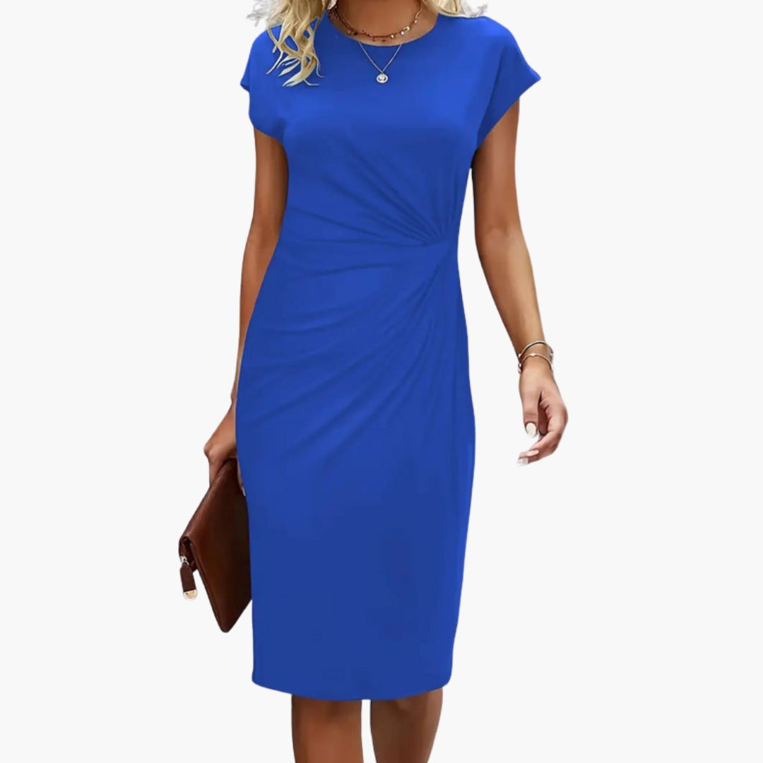Elegant Women's Midi Dress - Round Neckline, Defined Waist Seam, Formal Style 2