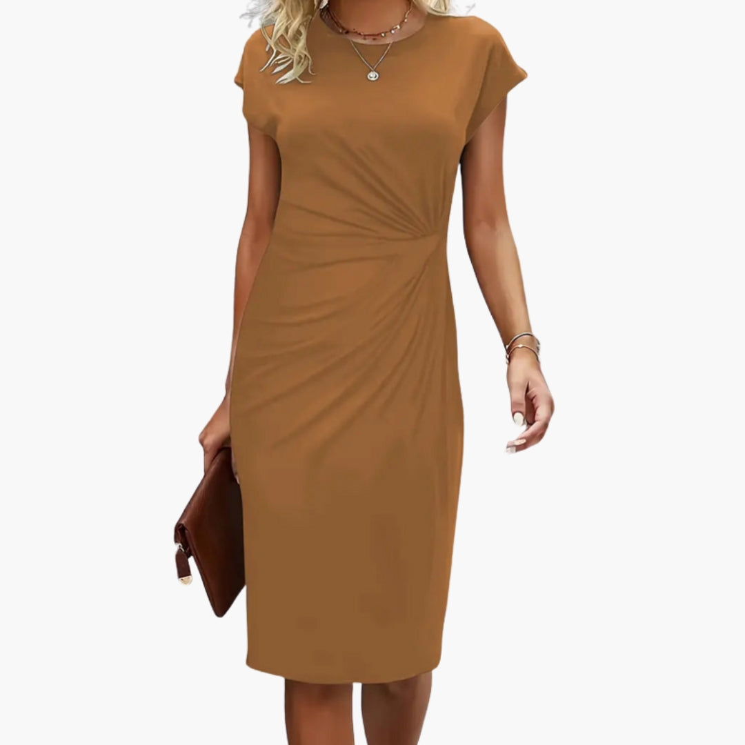 Elegant Women's Midi Dress - Round Neckline, Defined Waist Seam, Formal Style 3