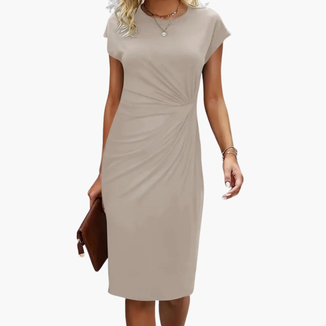 Elegant Women's Midi Dress - Round Neckline, Defined Waist Seam, Formal Style 4