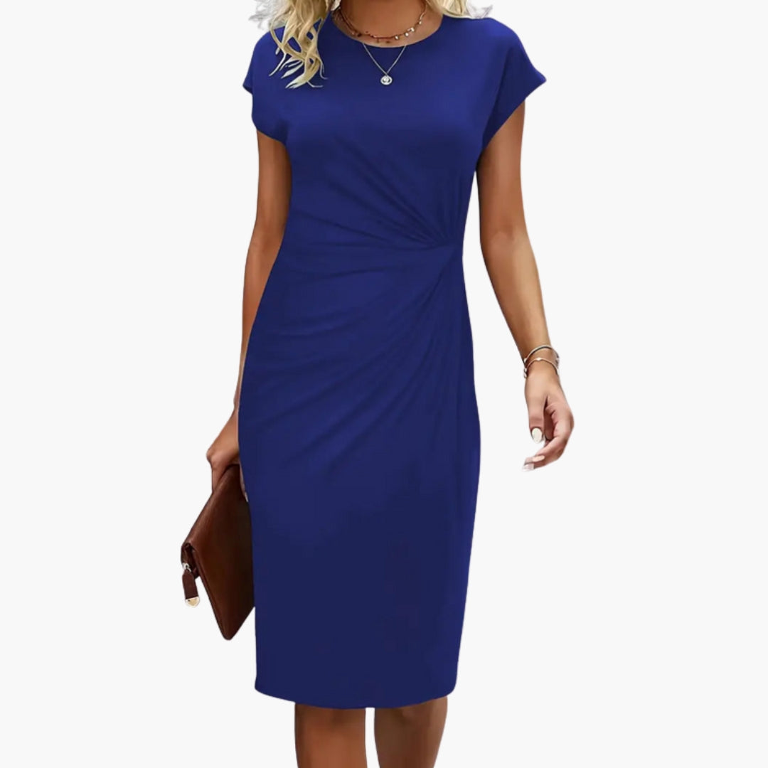 Elegant Women's Midi Dress - Round Neckline, Defined Waist Seam, Formal Style 6