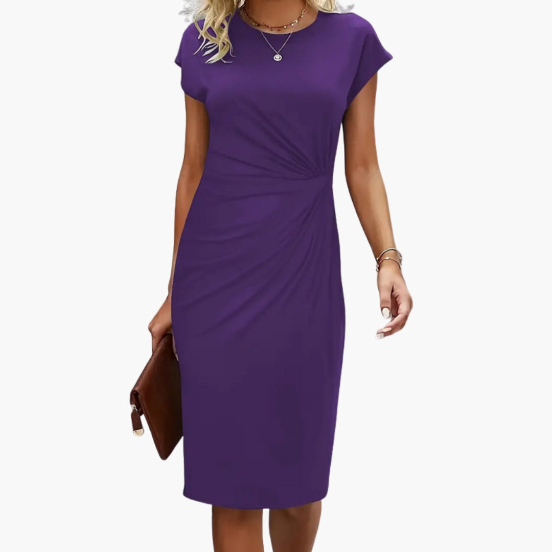 Elegant Women's Midi Dress - Round Neckline, Defined Waist Seam, Formal Style 7