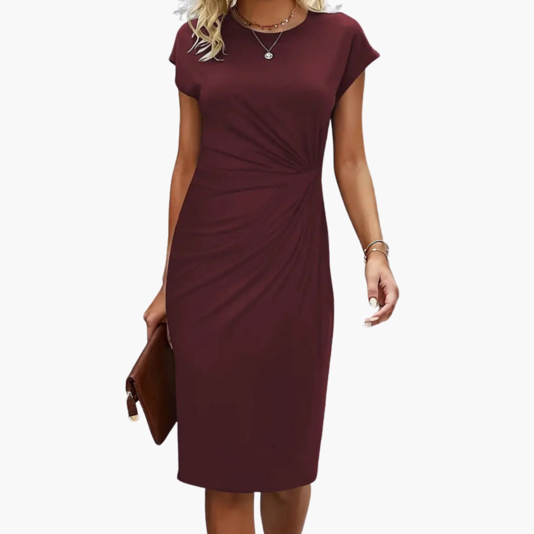 Elegant Women's Midi Dress - Round Neckline, Defined Waist Seam, Formal Style 8