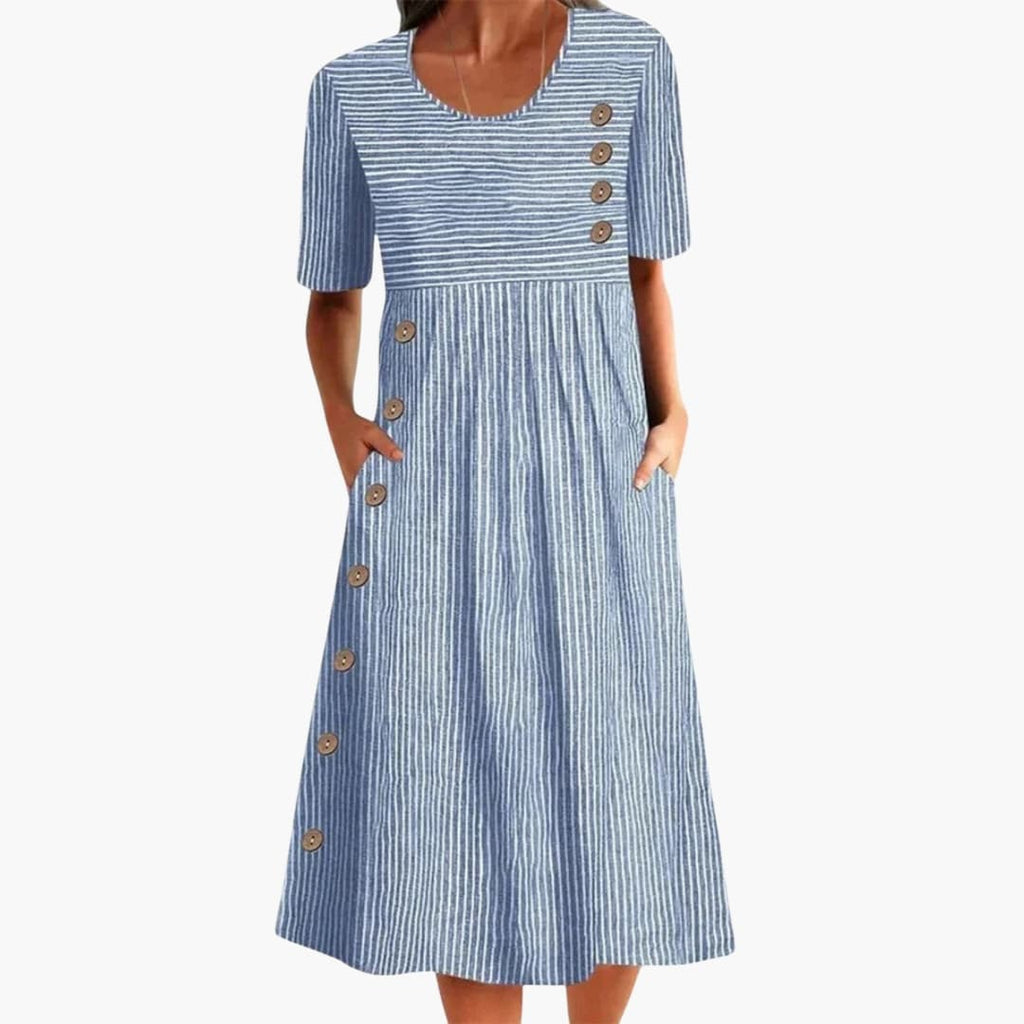 Elegant Women's Striped Midi Dress with Button Front & 3/4 Sleeves 0