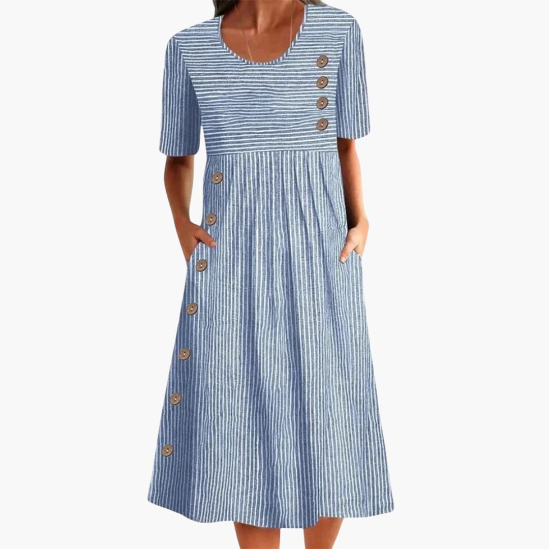Elegant Women's Striped Midi Dress with Button Front & 3/4 Sleeves 0