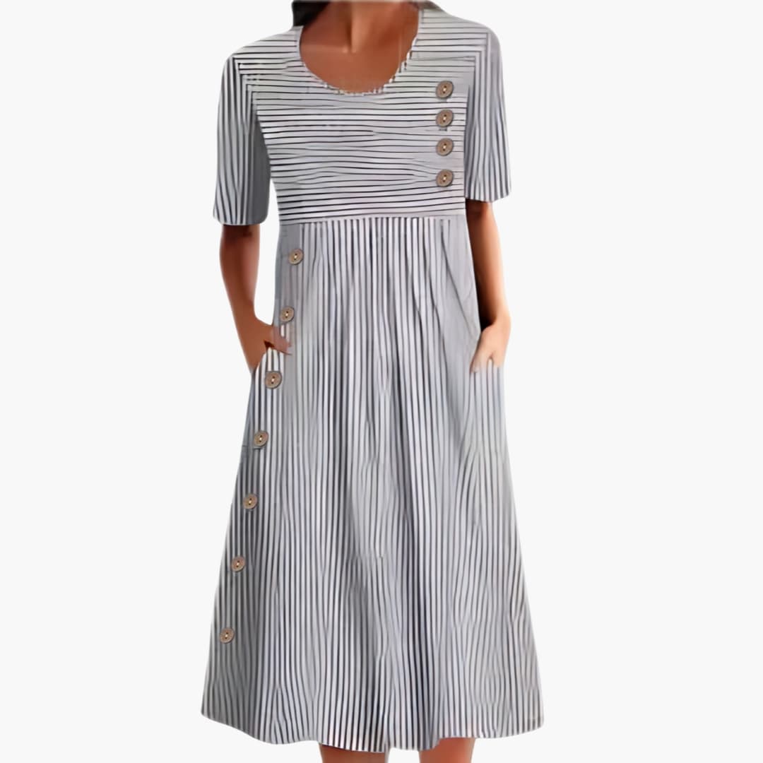 Elegant Women's Striped Midi Dress with Button Front & 3/4 Sleeves 2