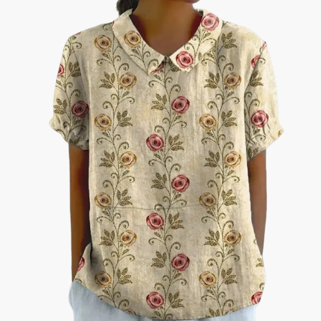 Floral Print Women's Blouse - Short Sleeve Crew Neck Summer Top for Women 0
