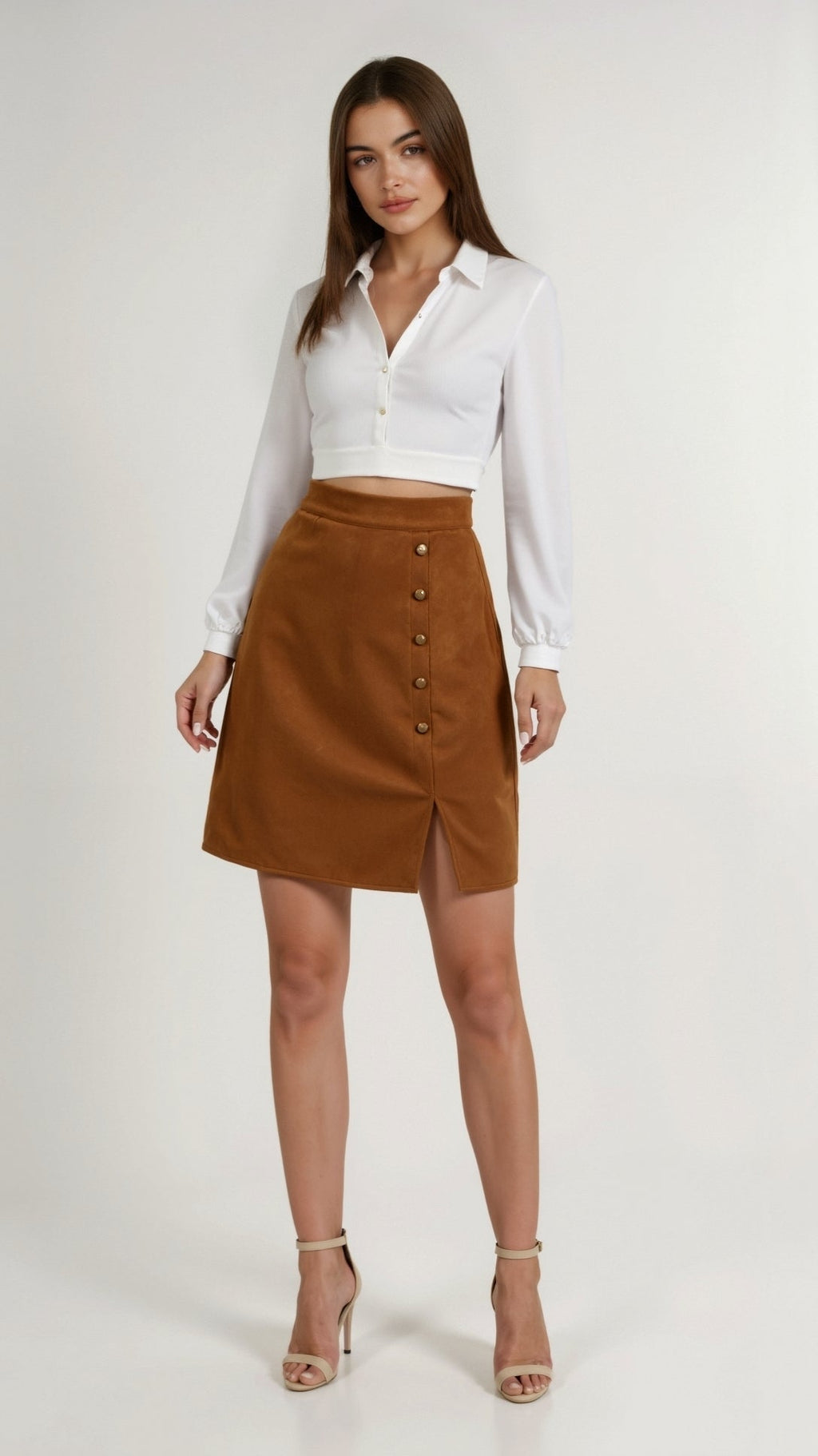 Hope - High-Waisted Suede-Effect Skirt with Button Closure & Front Slit 1