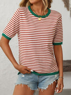 Striped Women's Top - Round Neck Half Sleeve Knit for Everyday Comfort 3