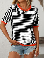 Striped Women's Top - Round Neck Half Sleeve Knit for Everyday Comfort 8