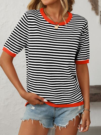 Striped Women's Top - Round Neck Half Sleeve Knit for Everyday Comfort 8