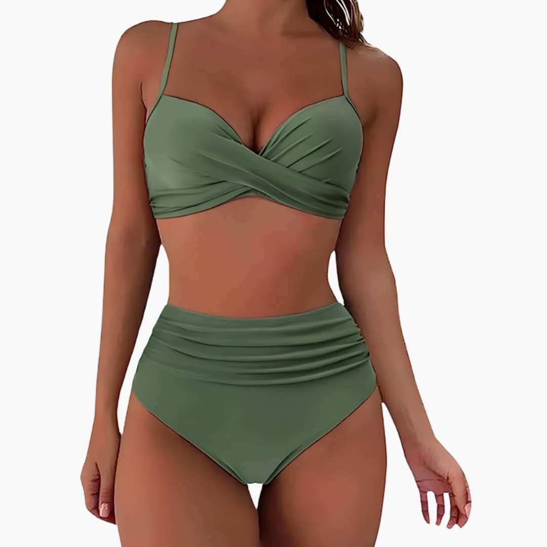Stylish High-Waisted Women's Bikini Set with Adjustable Straps & Scoop Neck 0