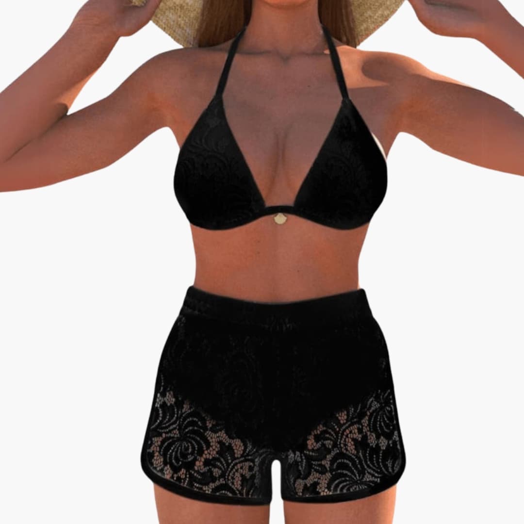 Stylish Women's Bikini Set - Halter Triangle Top with Lace Trim Shorts 0