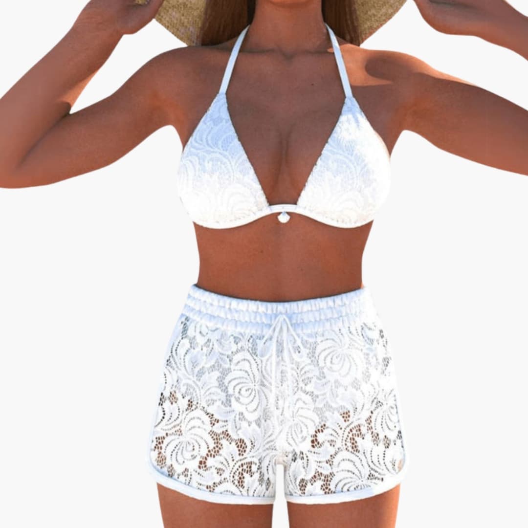Stylish Women's Bikini Set - Halter Triangle Top with Lace Trim Shorts 1