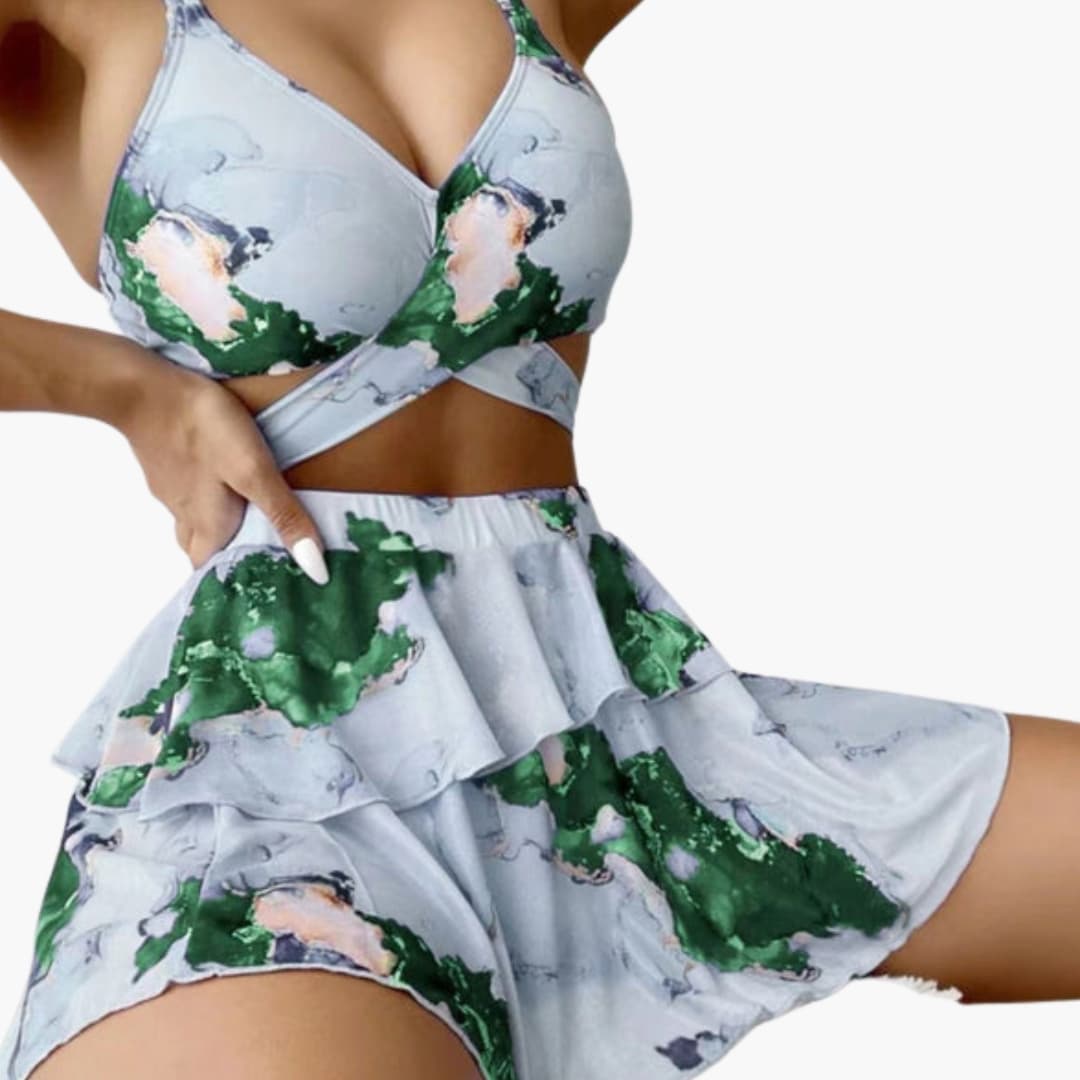 Stylish Women's Bikini Set - Three-Piece Marble Print Push Up Top with Padded Cups 3