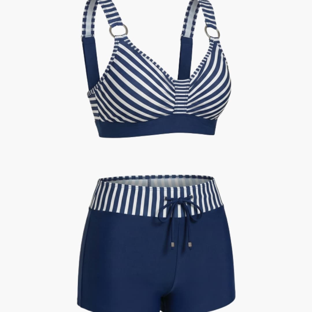 Stylish Women's Bikini Set with Stripes & Adjustable Swim Shorts for Comfort 0