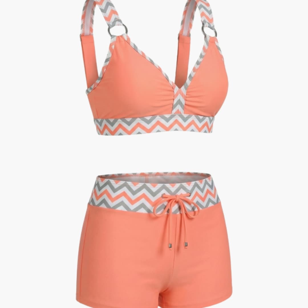 Stylish Women's Bikini Set with Stripes & Adjustable Swim Shorts for Comfort 2