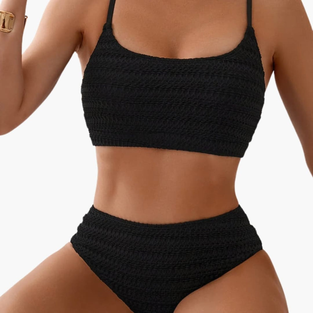 Stylish Women's High Waisted Bikini Set with Textured Design & Spaghetti Straps 0
