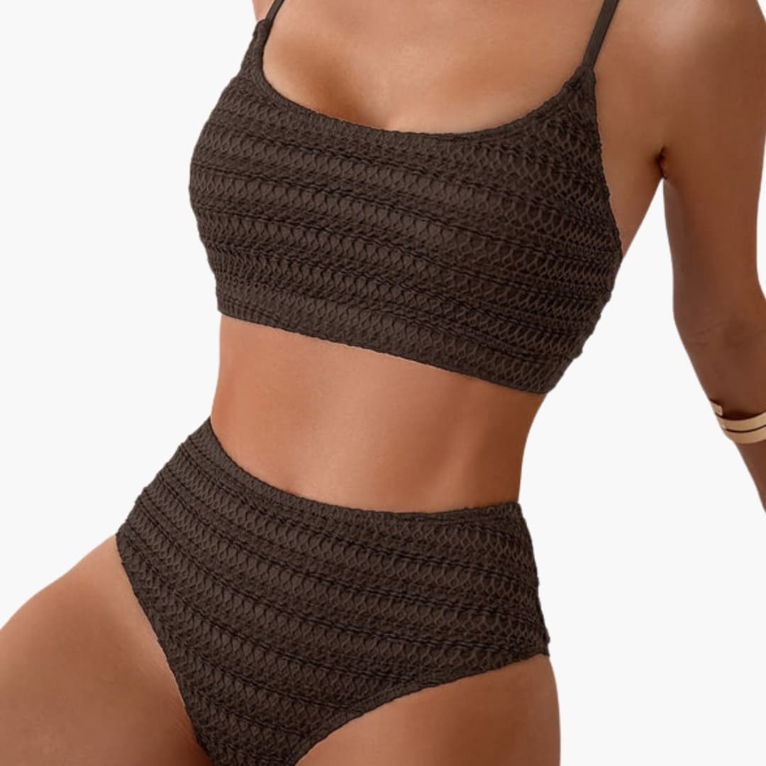 Stylish Women's High Waisted Bikini Set with Textured Design & Spaghetti Straps 2