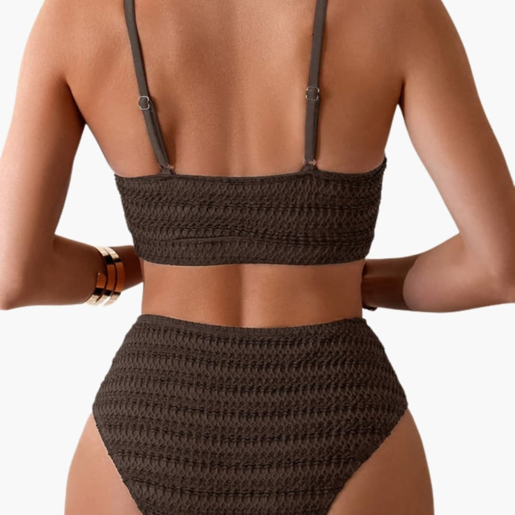 Stylish Women's High Waisted Bikini Set with Textured Design & Spaghetti Straps 3