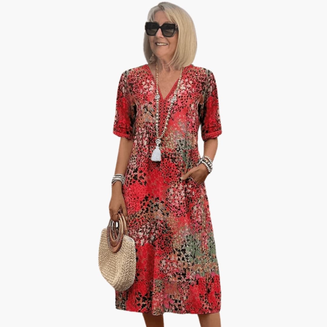 Stylish Women's Printed V-Neck Midi Dress - Relaxed Fit Summer Dresses 0