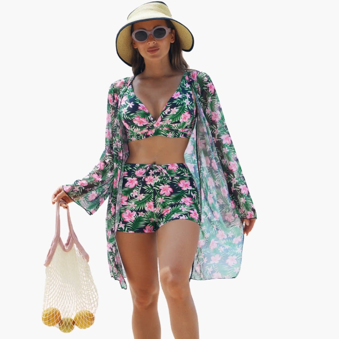 Stylish Women's Three-Piece Printed Bikini Set with Padded Push Up Top 1