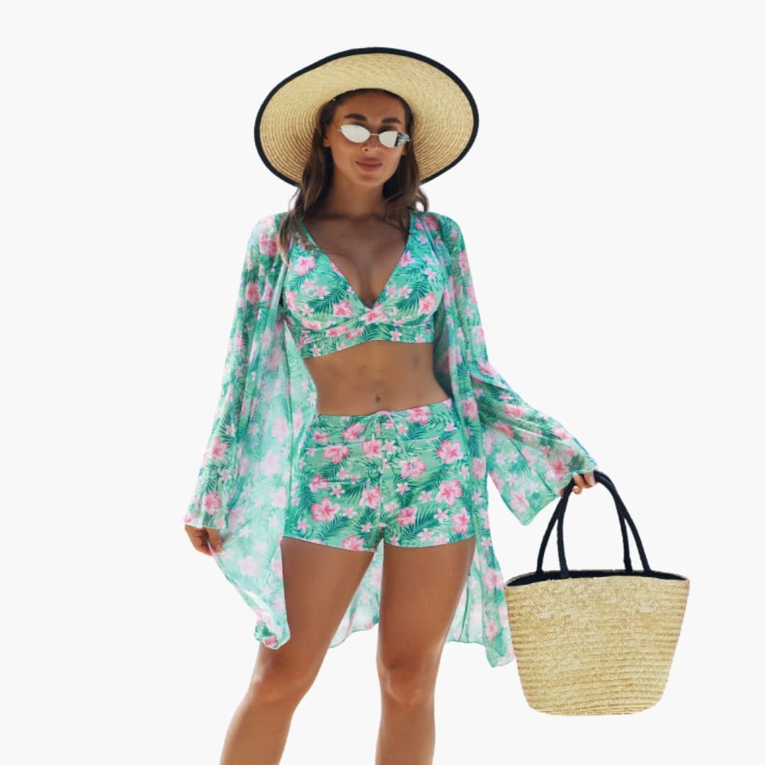 Stylish Women's Three-Piece Printed Bikini Set with Padded Push Up Top 2