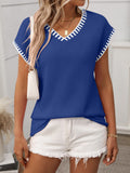 Stylish Women's Top - V-Neck Short Sleeve Knit with Contrast Trim, Comfortable Fit 0