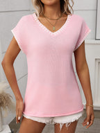 Stylish Women's Top - V-Neck Short Sleeve Knit with Contrast Trim, Comfortable Fit 8