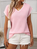 Stylish Women's Top - V-Neck Short Sleeve Knit with Contrast Trim, Comfortable Fit 9